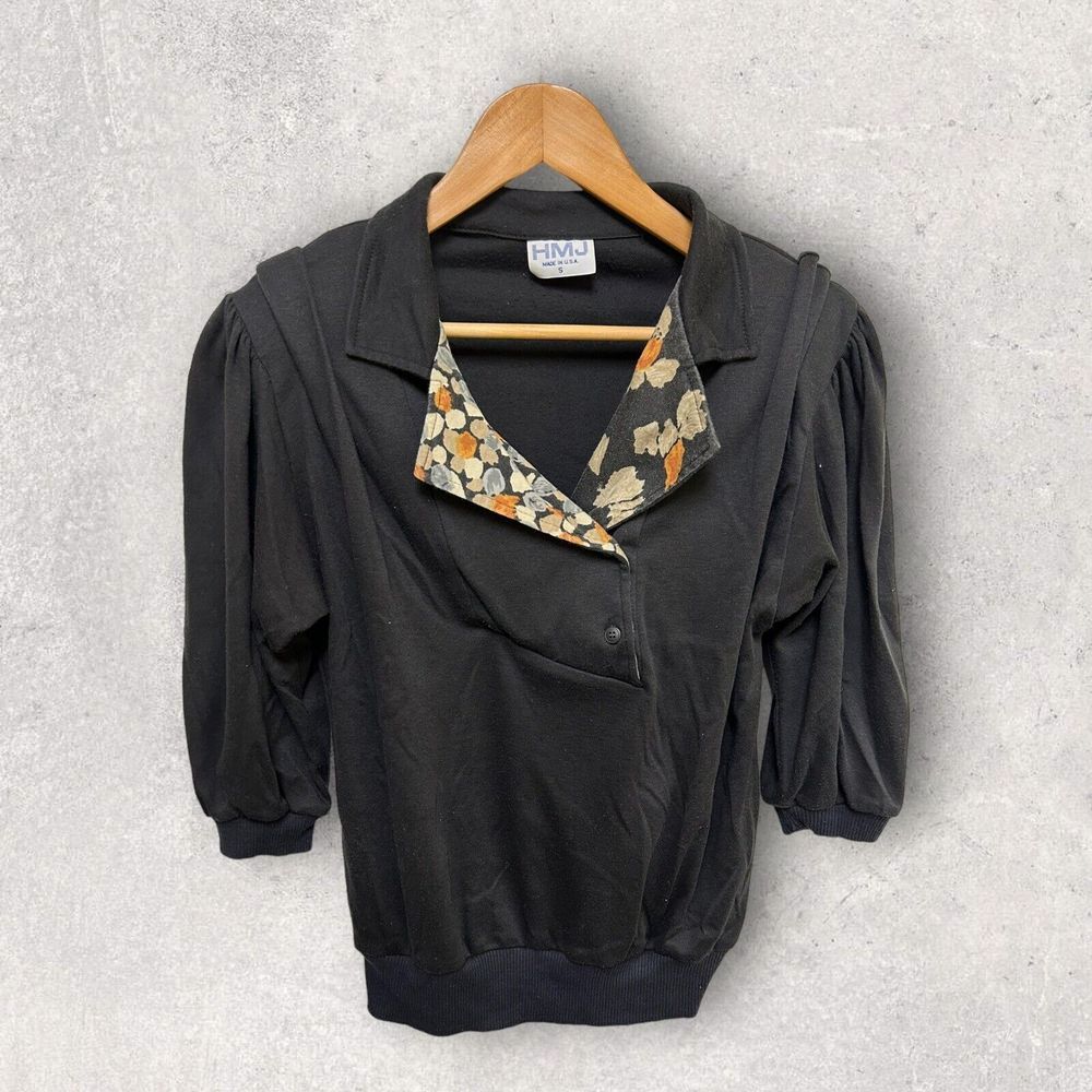 Vintage HJM Puff Half Sleeve Floral Sweater Black Oversized Small